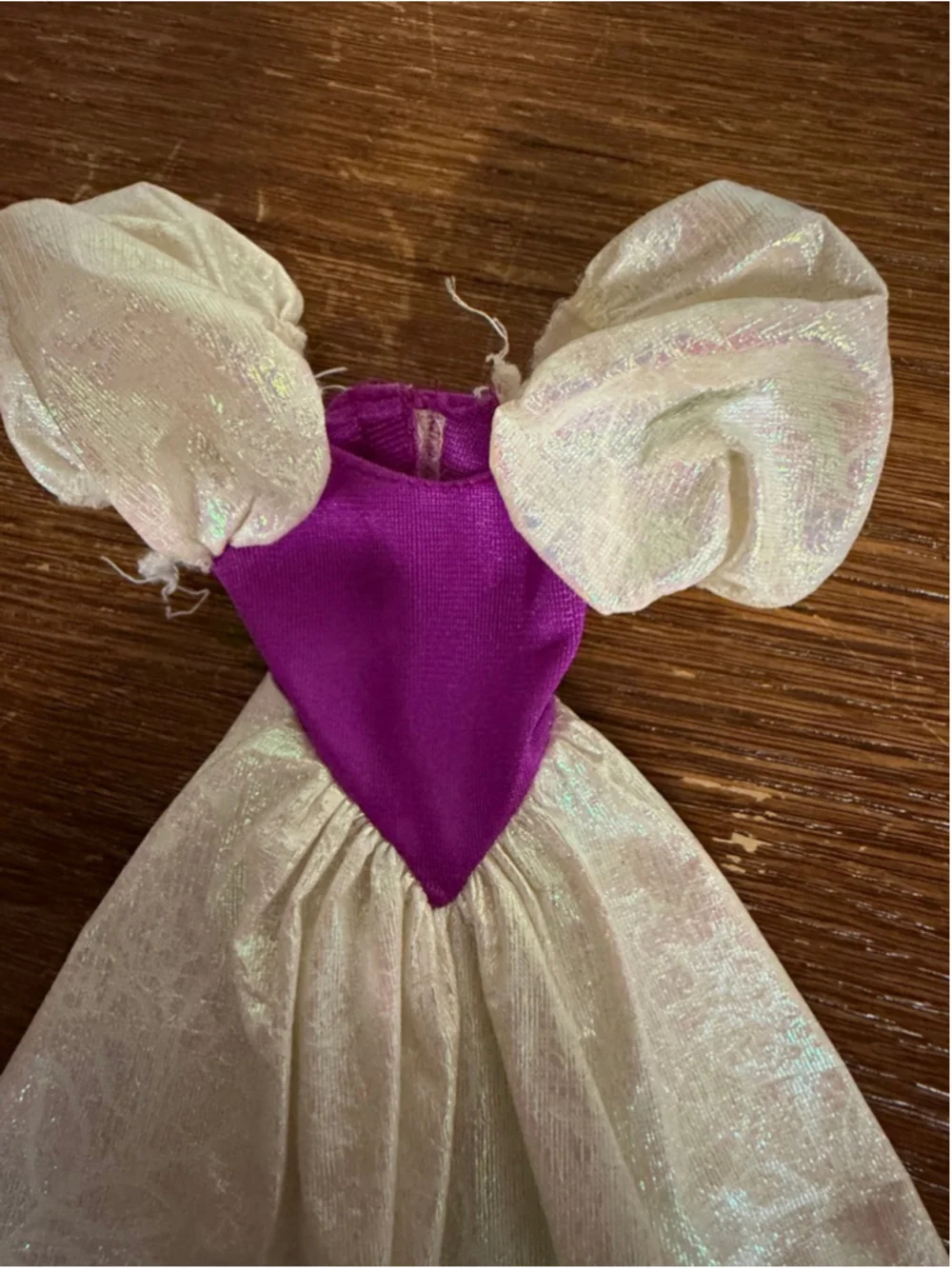Vintage Barbie Dress Iridescent Cream Purple Puff Sleeve Party Gown 1980s 1990s